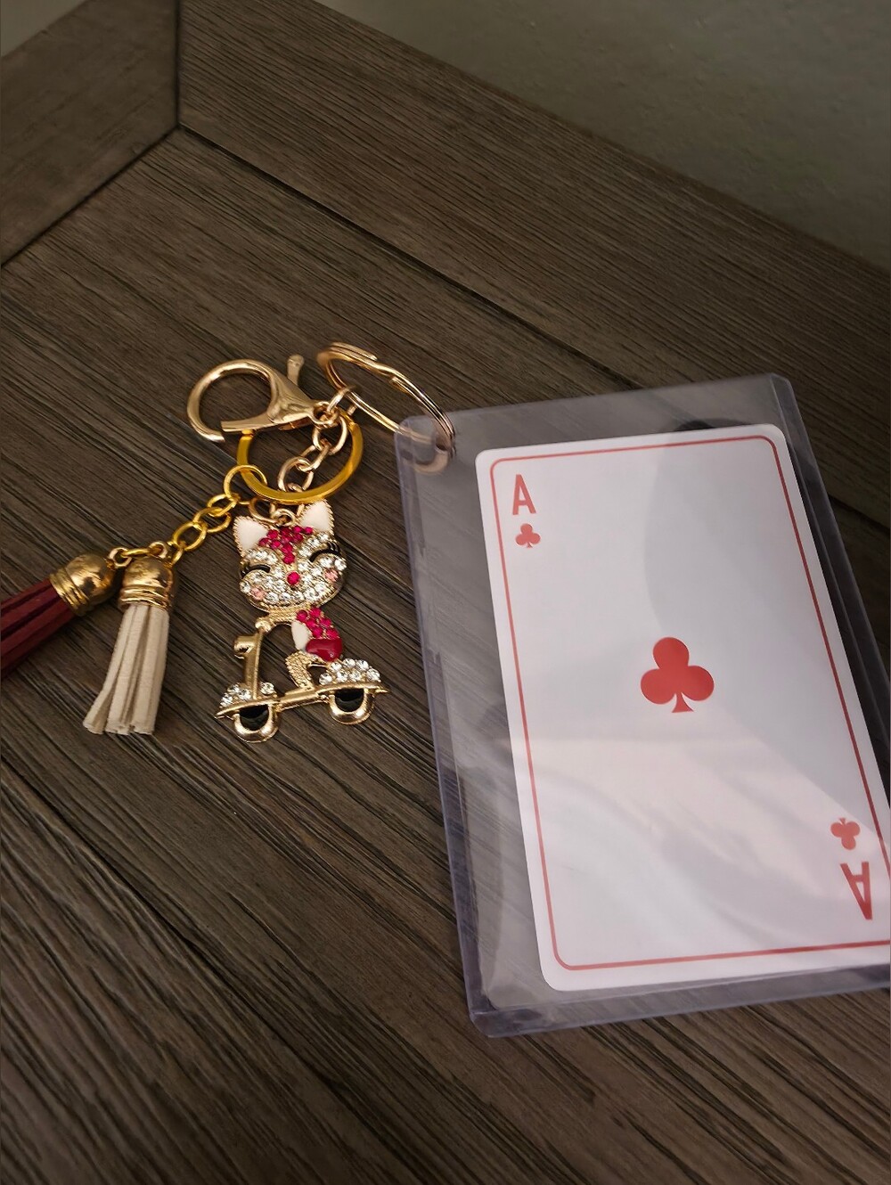 Christian Dior Ace Of Clubs And Gold Cat Crystal Keychain with Tassels
